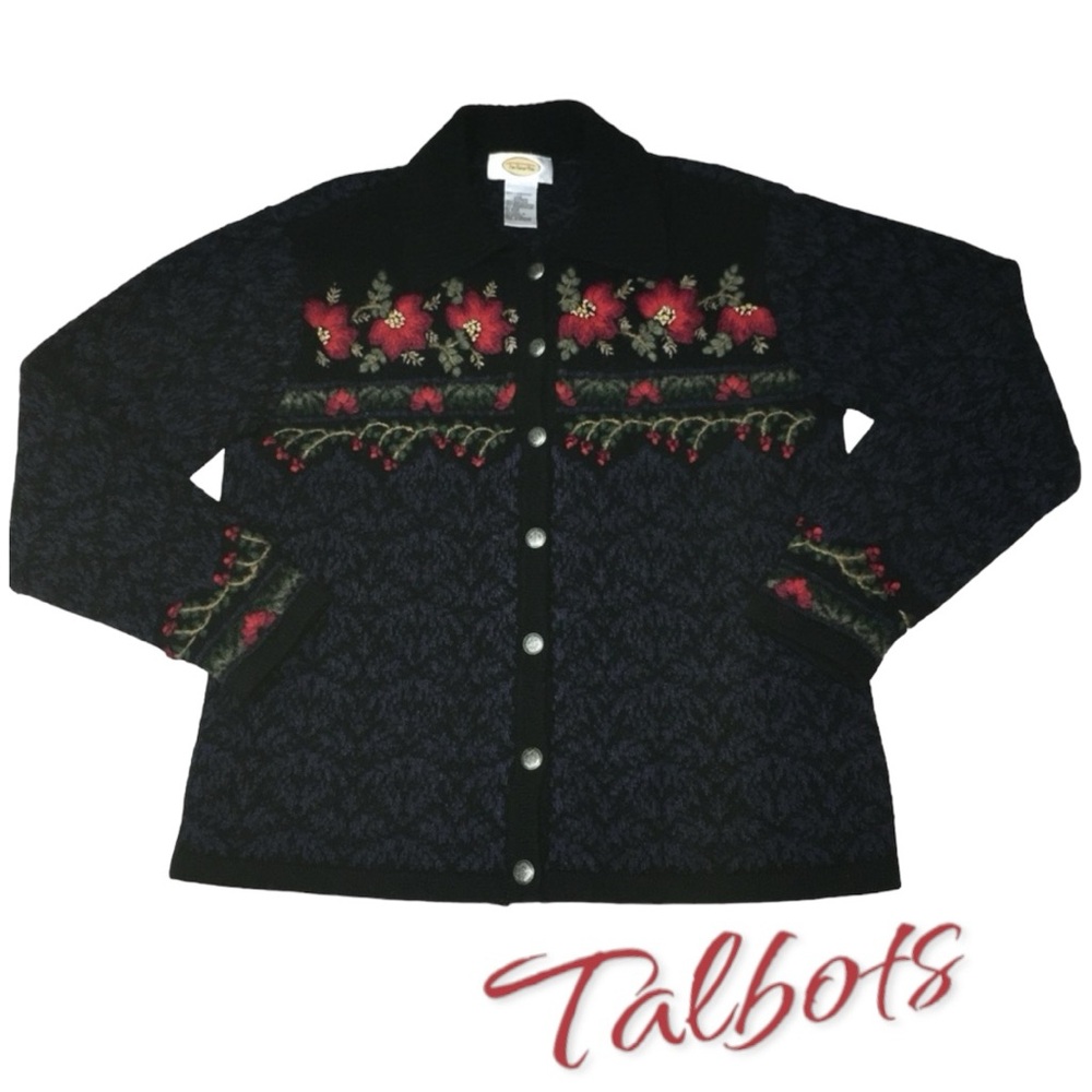 𝅺Vtg TALBOTS Holiday Lambswool Blend Embroidered Cardigan Sweater 34” Bust